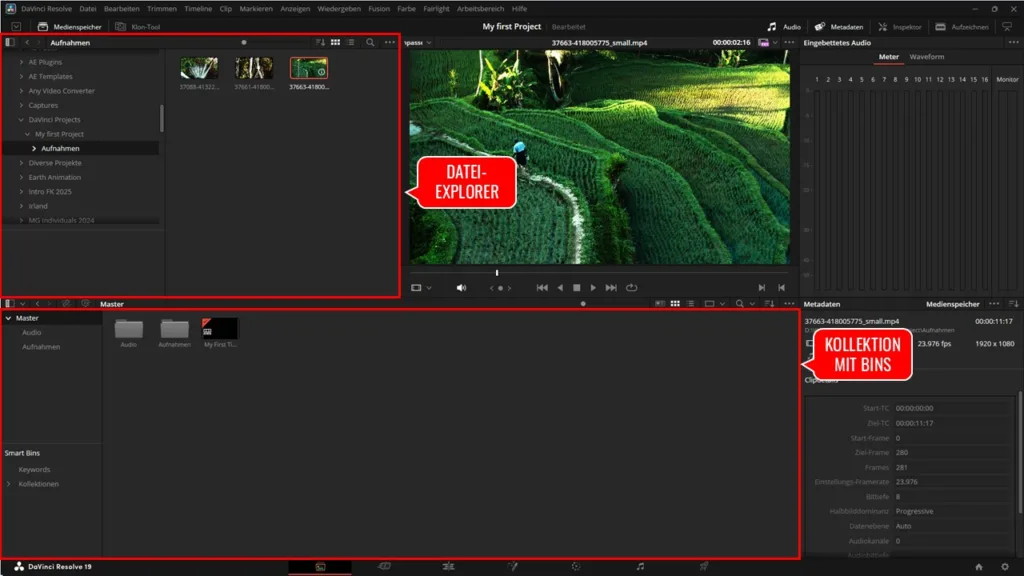 DaVinci Resolve für Einsteiger Medien-Arbeitsbereich in DaVinci Resolve